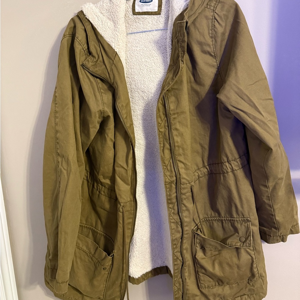 Old Navy Olive Green Utility Jacket with Sherpa Lining - Size Large